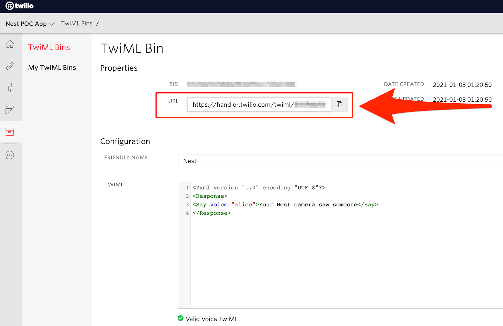 Screenshot of TwiML Bin Configuration in Twilio Console. Highlighting TwiML URL