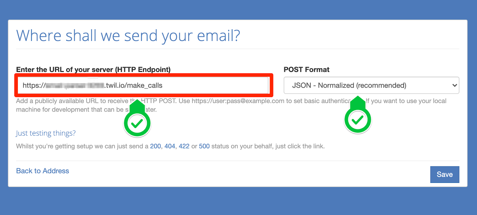 Screenshot of CLoud MailIn Settings: Configure URL of HTTP Endpoint for Emails