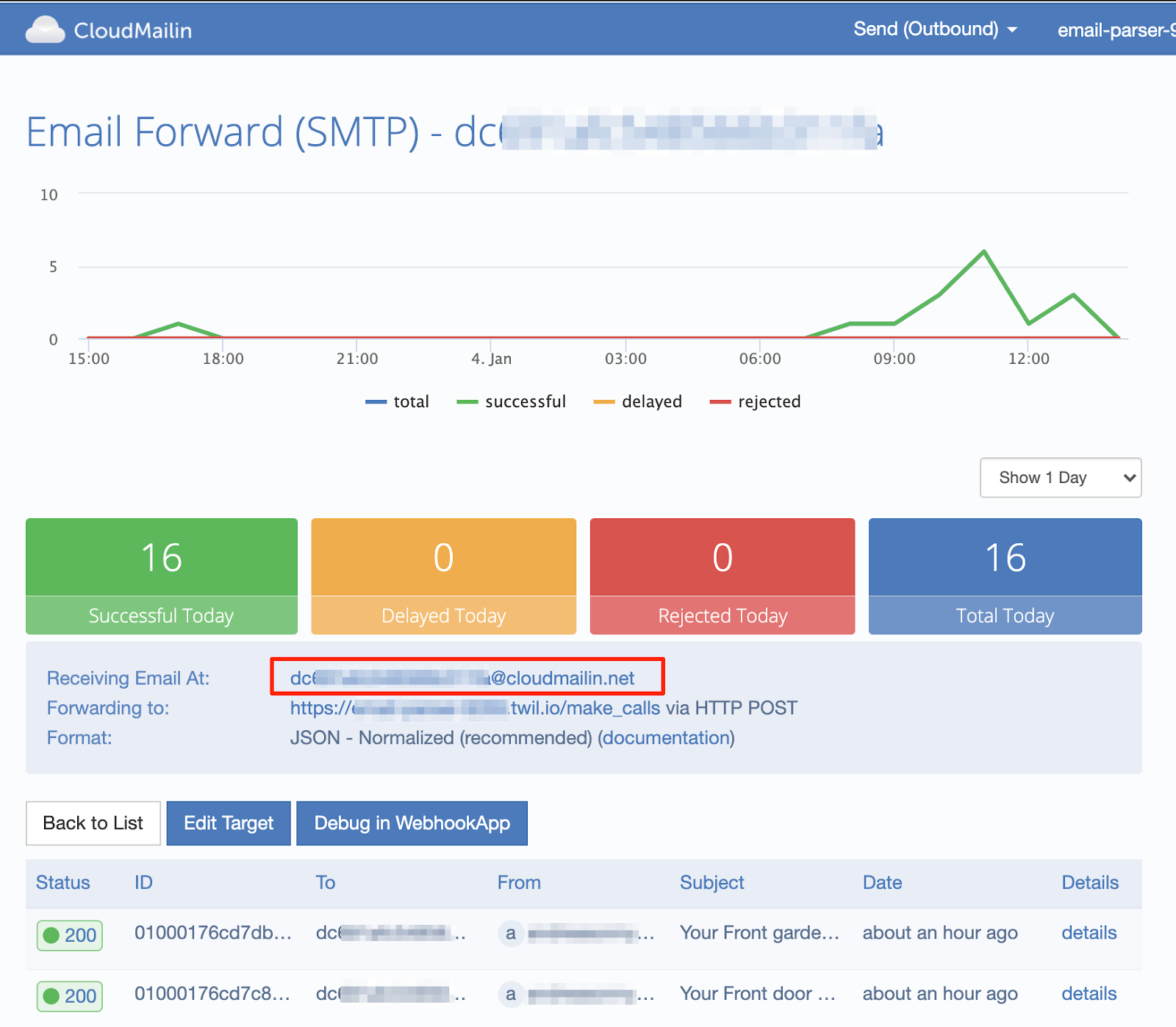 Screenshot of Cloud MailIn Dashboard