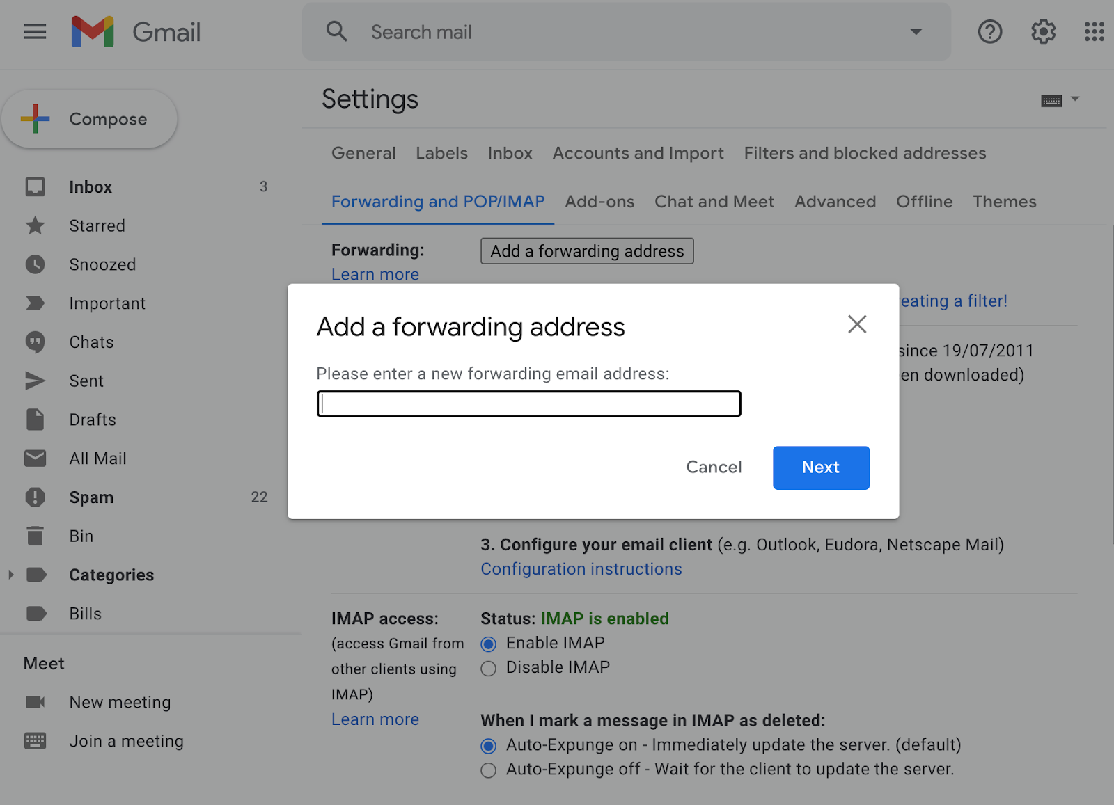Screenshot of GMail Settings: Adding a Forwarding Address