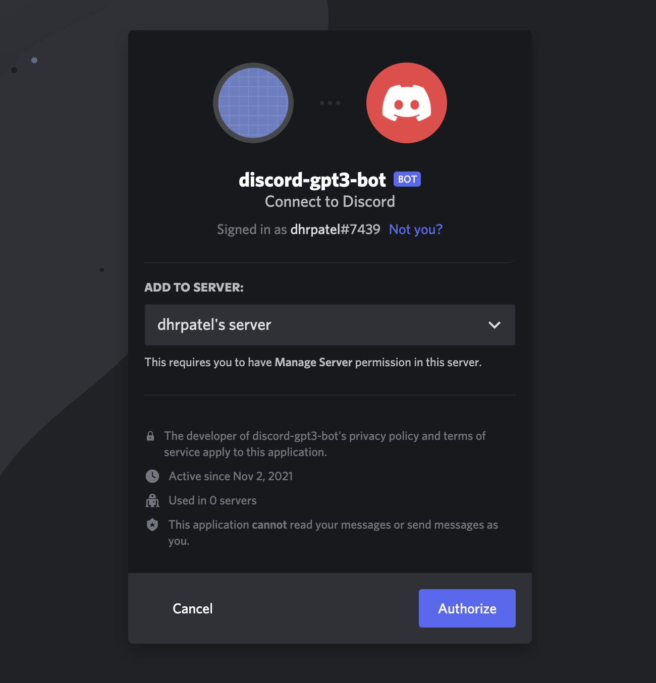 Dialog asking user to authorize bot to a Discord server