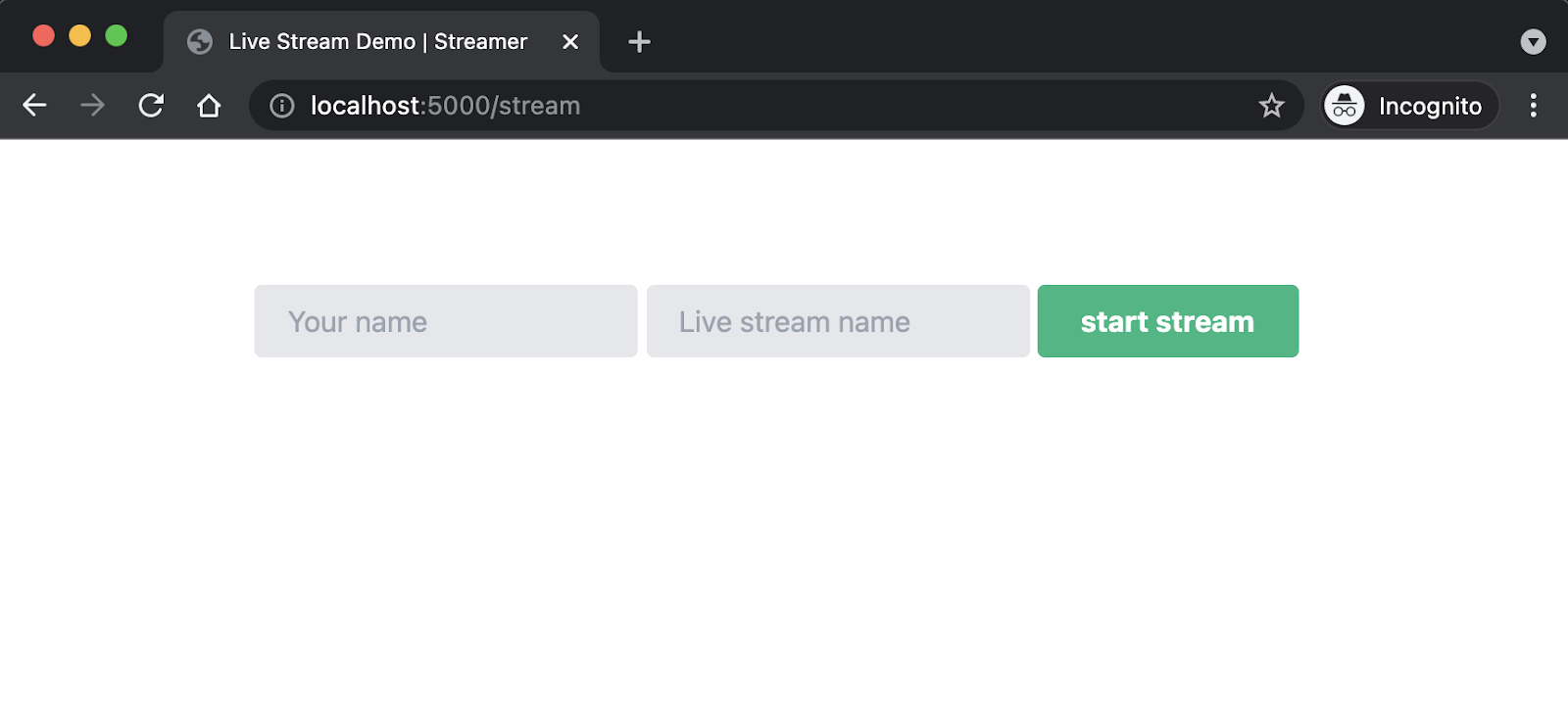 Two inputs, one for your name and one for the live stream name, and a "start stream" button