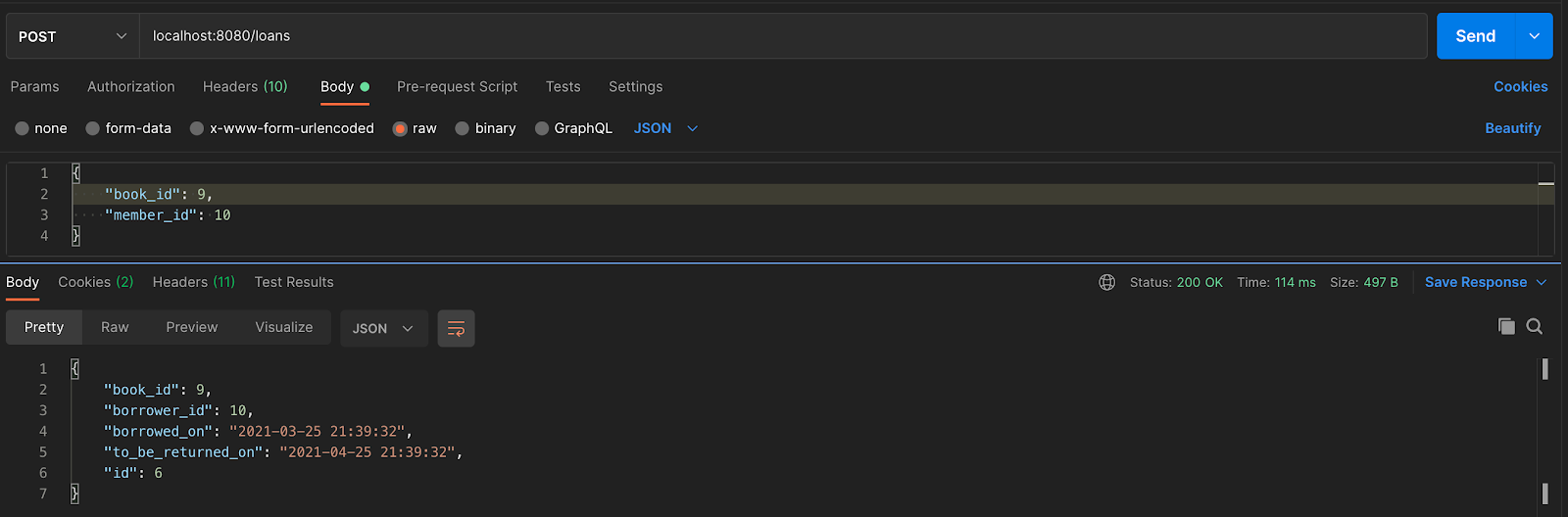 Loaning a book using the loan endpoint in Postman