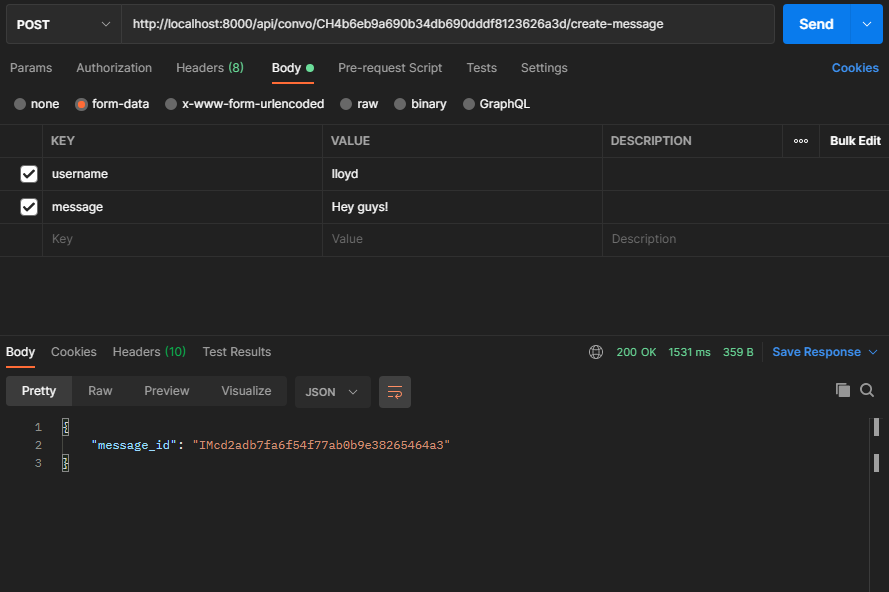 Postman example sending a new message