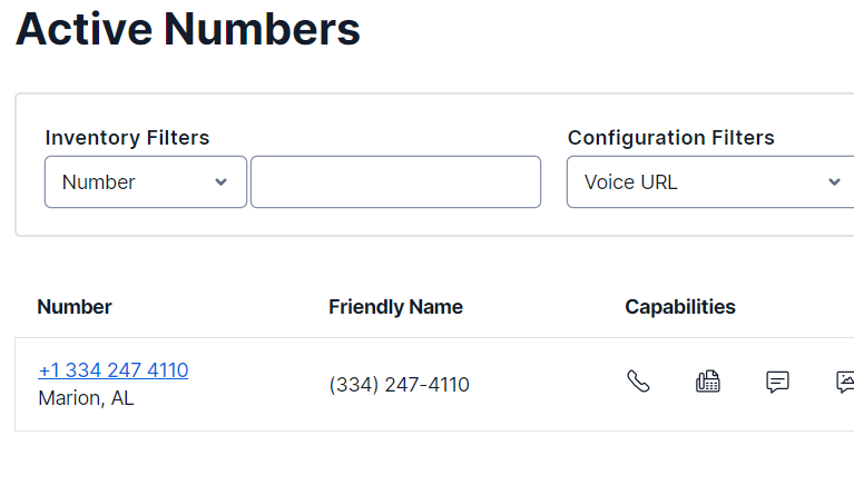 screenshot of phone number management page on twilio console