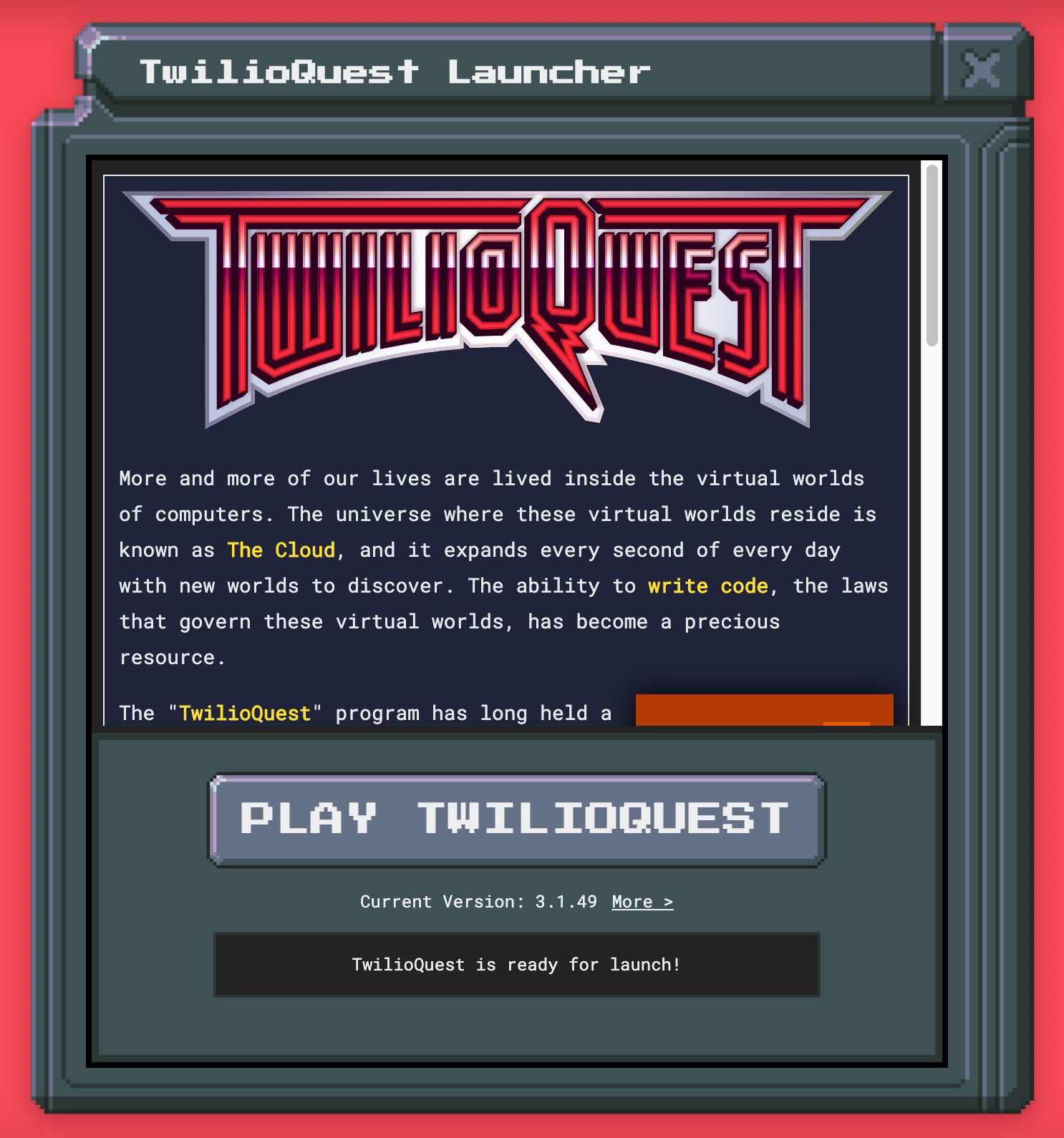Screenshot of the TwilioQuest launch screen