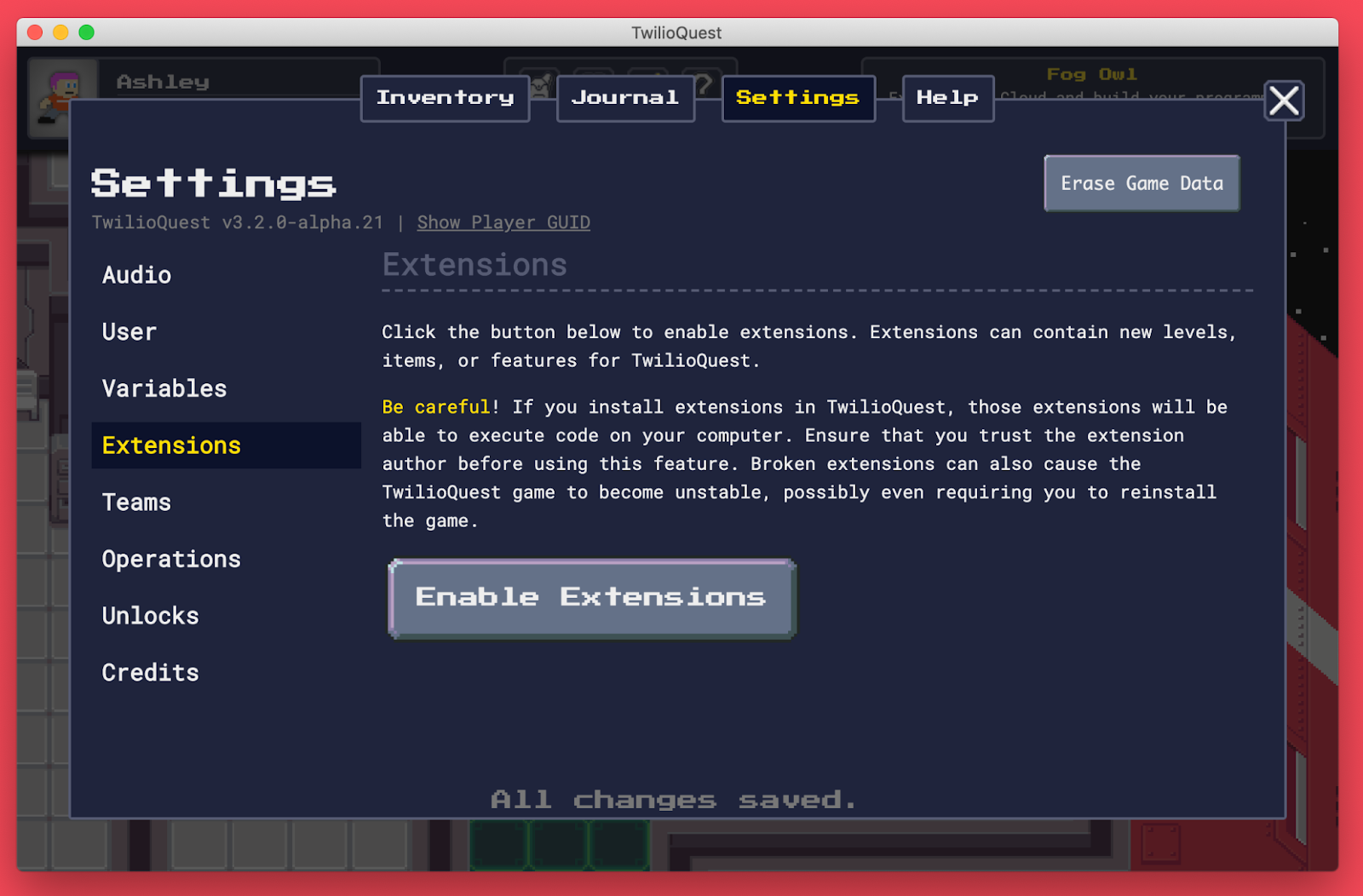 Screenshot of the TwilioQuest extensions settings panel in the main settings menu. There is a button that says Enable Extensions.