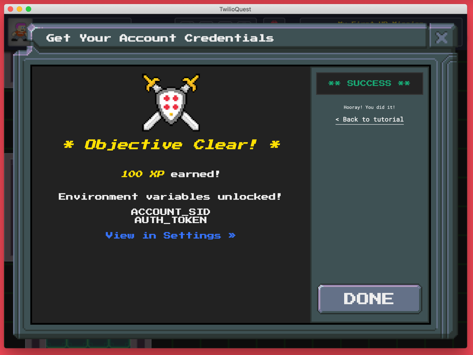 Screenshot of TwilioQuest game showing objective success screen