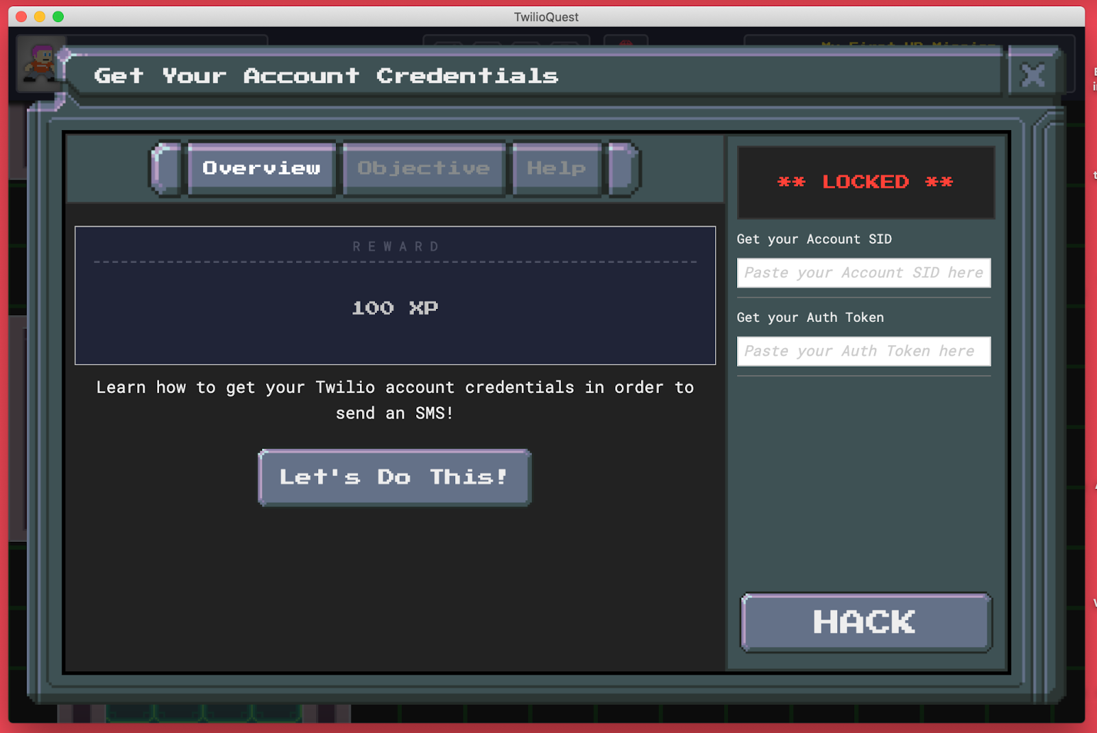 A screenshot of the objective&#x27;s modal inside TwilioQuest, with the contents of the Overview tab in view.