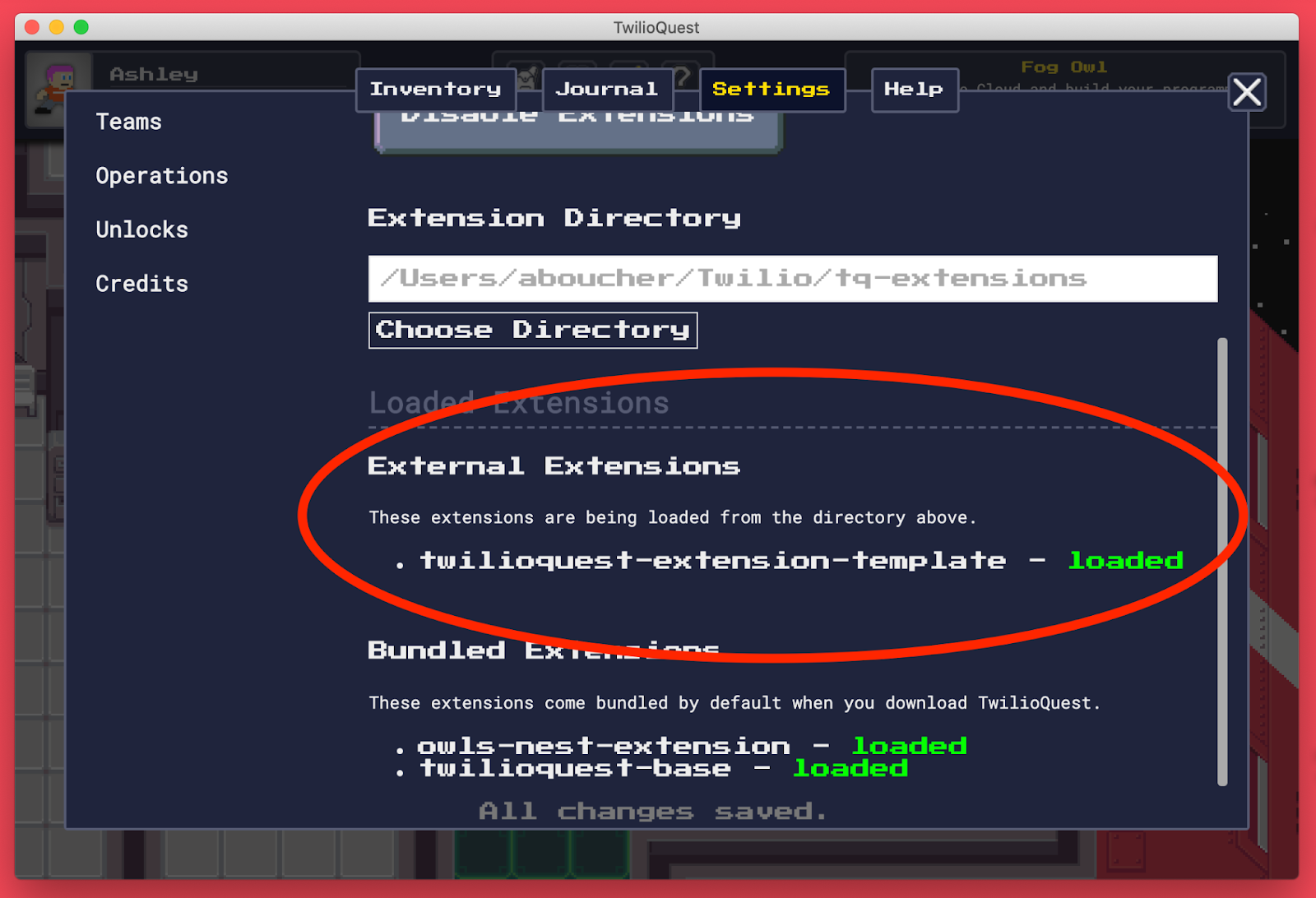 Screenshot of the extensions settings panel with text listing the loaded extensions, circled in red.