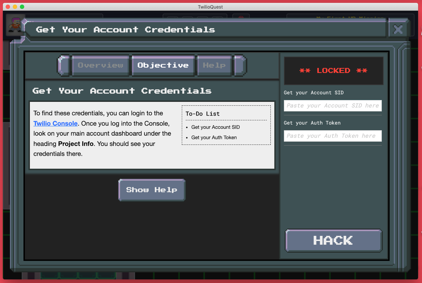 A screenshot of the objective&#x27;s modal inside TwilioQuest, with the contents of the Objective tab in view.