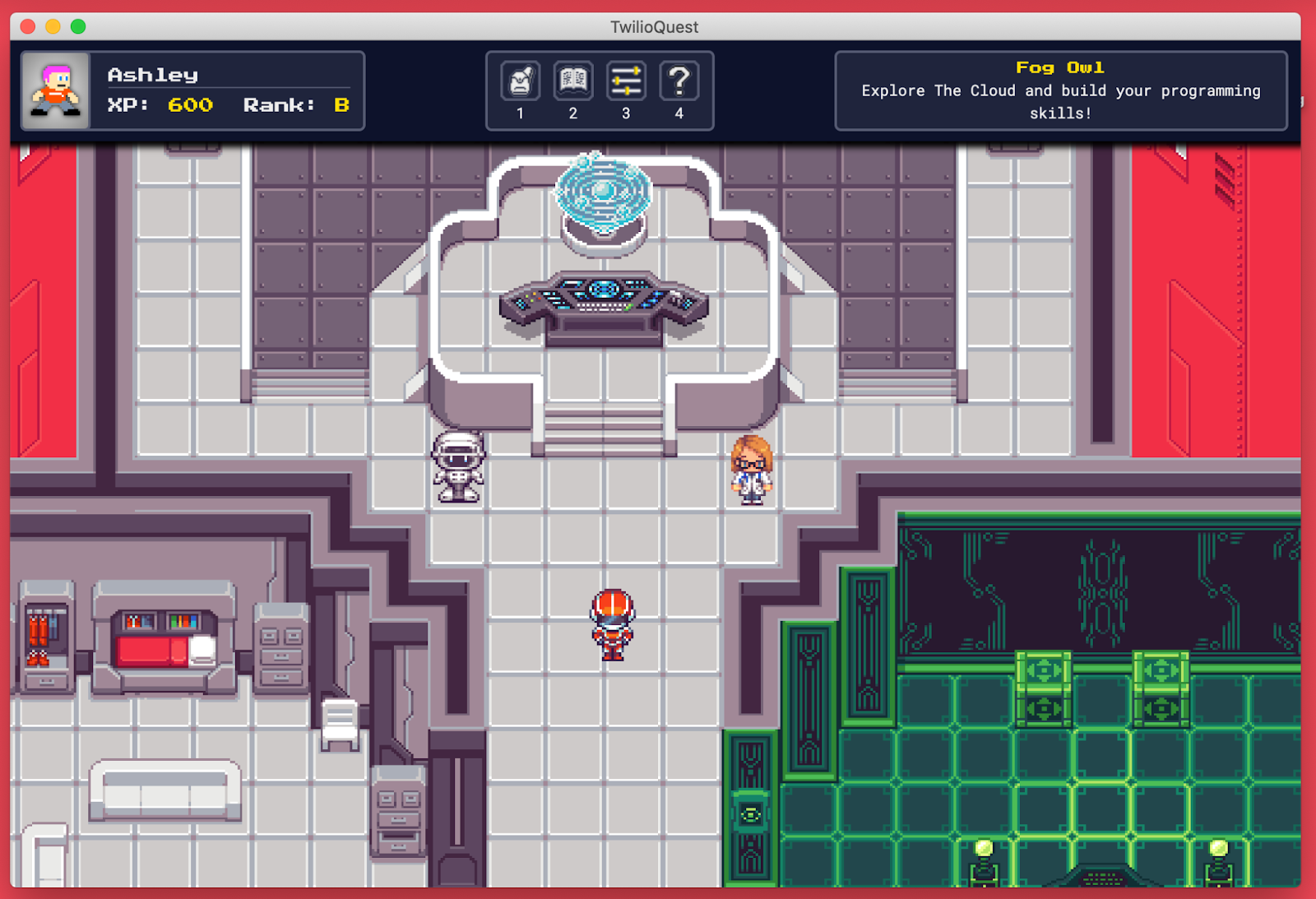 Screenshot of the TwilioQuest game, showing my TwilioQuest avatar centered inside the Fog Owl