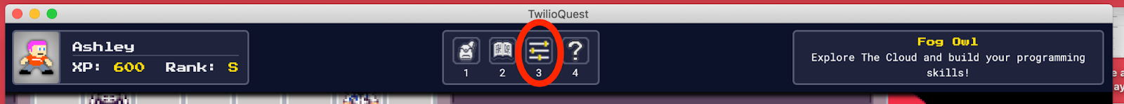 Screenshot showing the top menu bar of the TwilioQuest game, with the icon representing the settings button circled in red.