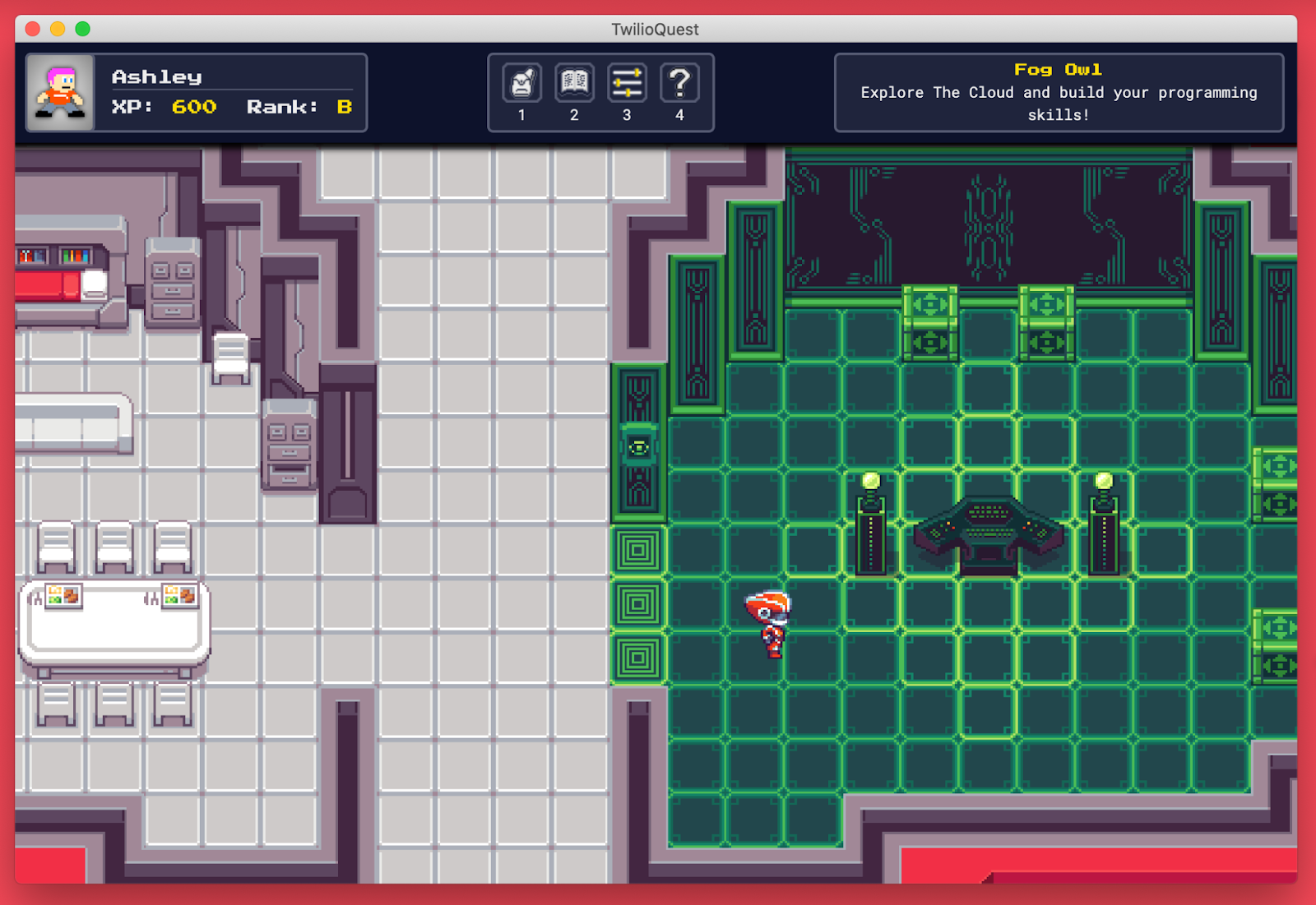 Screenshot of the TwilioQuest game with the avatar positioned inside the training room
