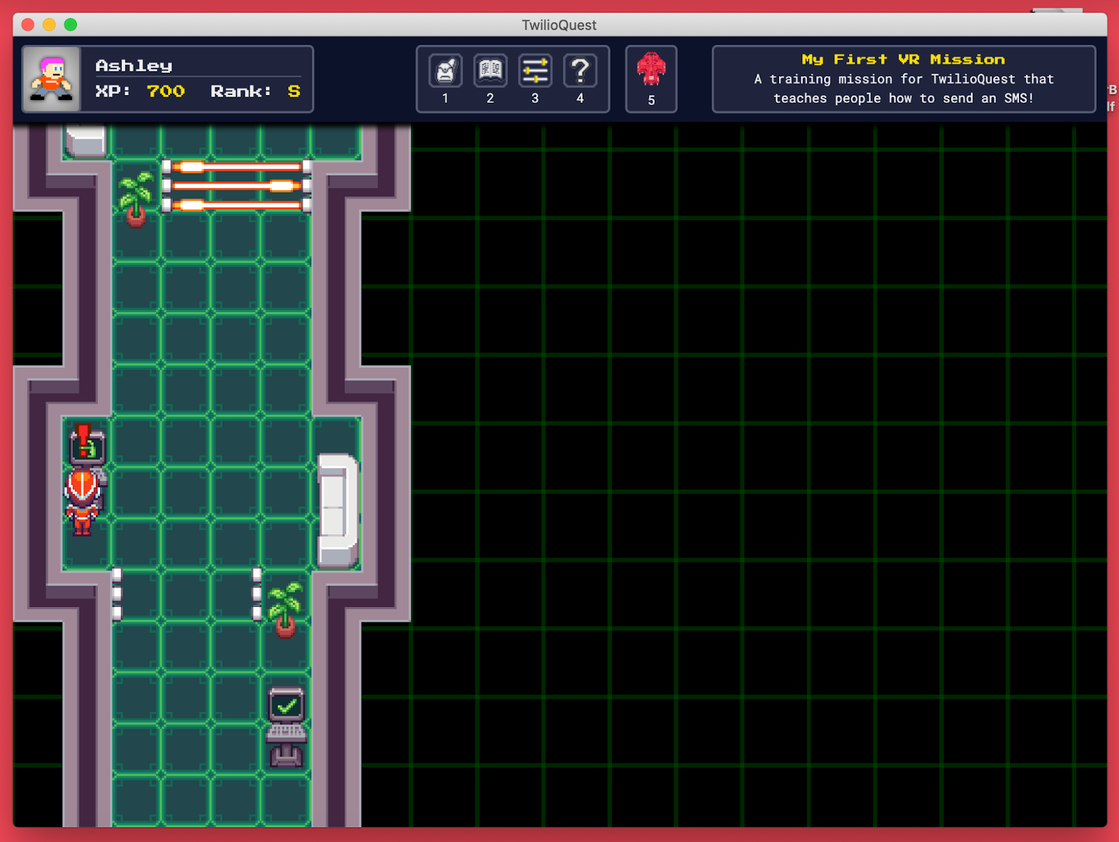 Screenshot of TwilioQuest game showing first laser barrier open
