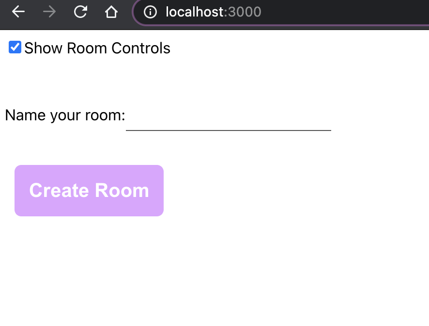 Checked checkbox with text "Show Room Controls". Input with label "Name your room". Pink button labeled "Create Room".