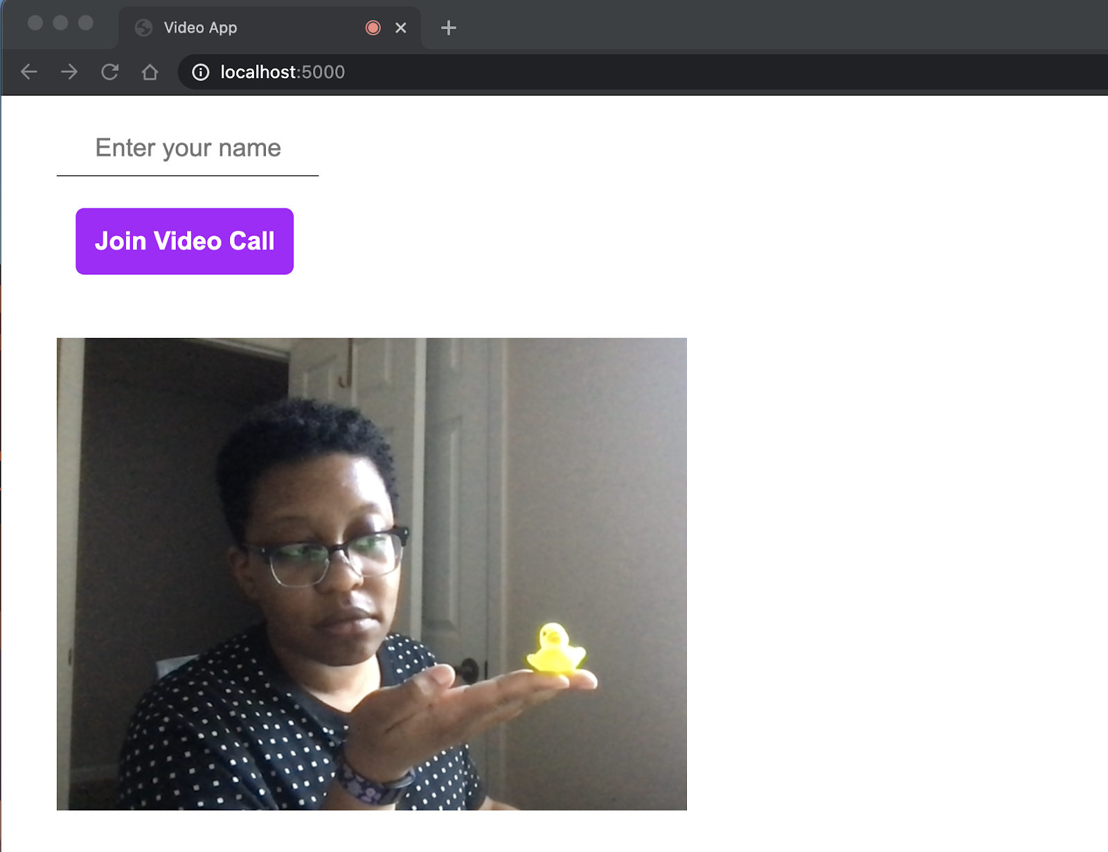 Under the "Join Video Call" button appears the author&#x27;s video feed. They are holding a tiny rubber duck.