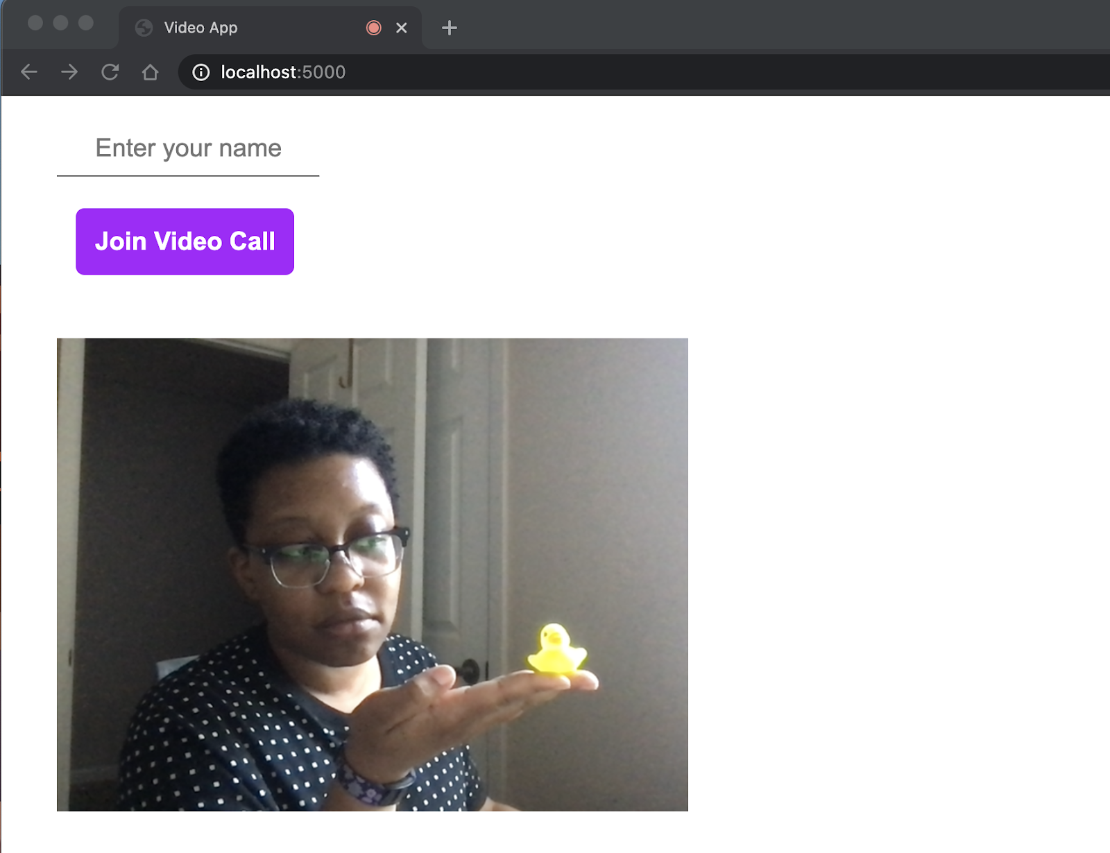 Under the "Join Video Call" button appears the author's video feed. They are holding a tiny rubber duck.