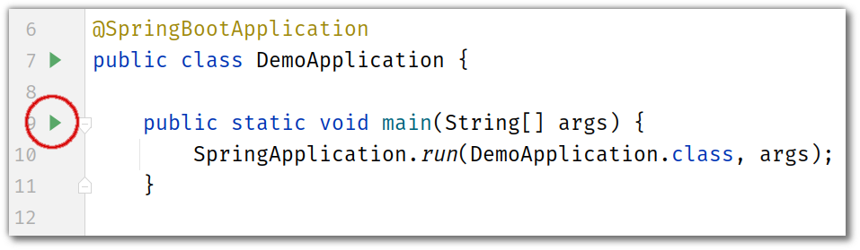 Screenshot of IntelliJ IDEA showing where the button is to run the DemoApplication class