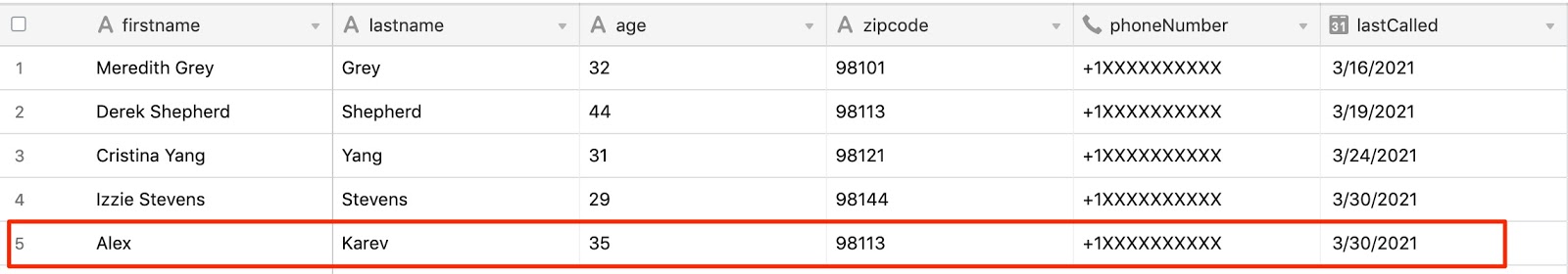 The airtable base with the new row of data added after a call is successfully completed