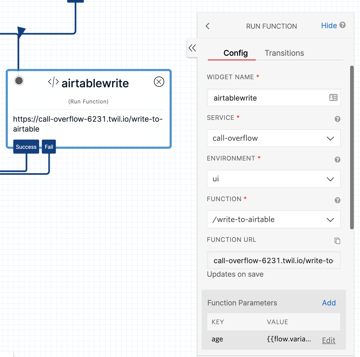 The airtablewrite widget along with the configuration setup with the call overflow service selected from the dropdown