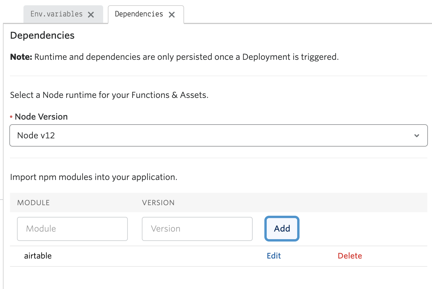 The dependencies section of Twilio Serverless, which includes airtable
