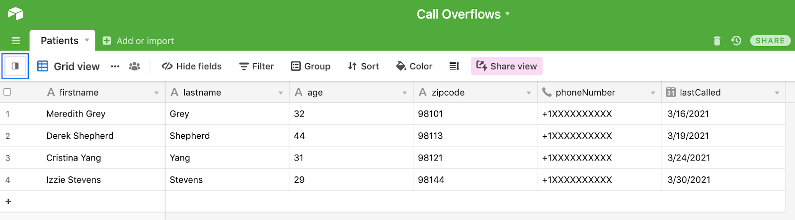 An Airtable base that shows 4 rows of mock data.