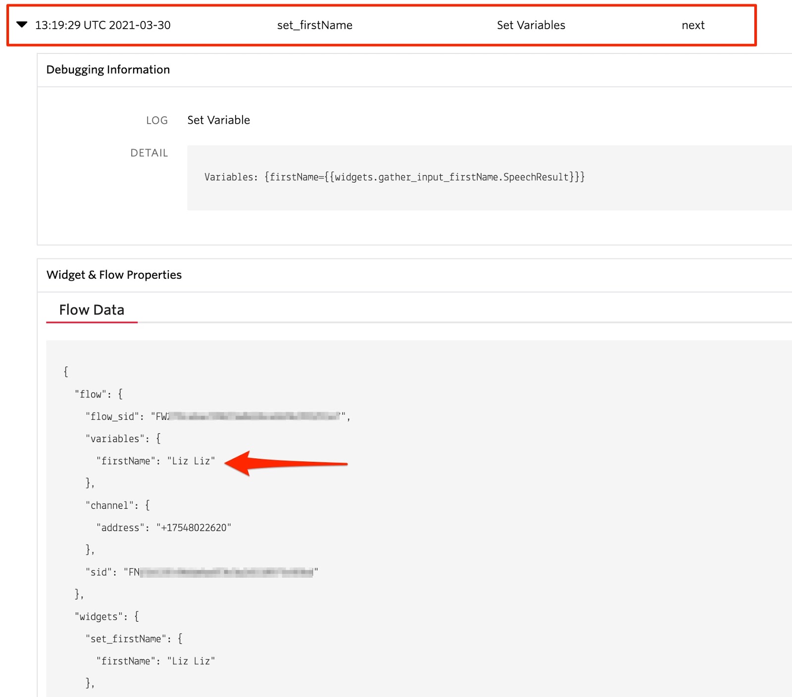 Image of an opened part of the Twilio studio logs that show where the firstName variable is set