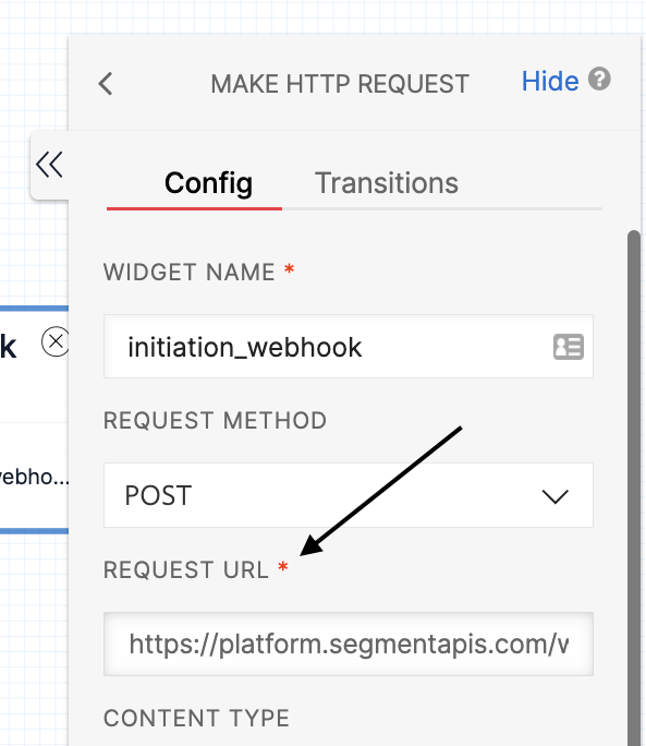 Make HTTP Request widget with arrow point to Request URL field.