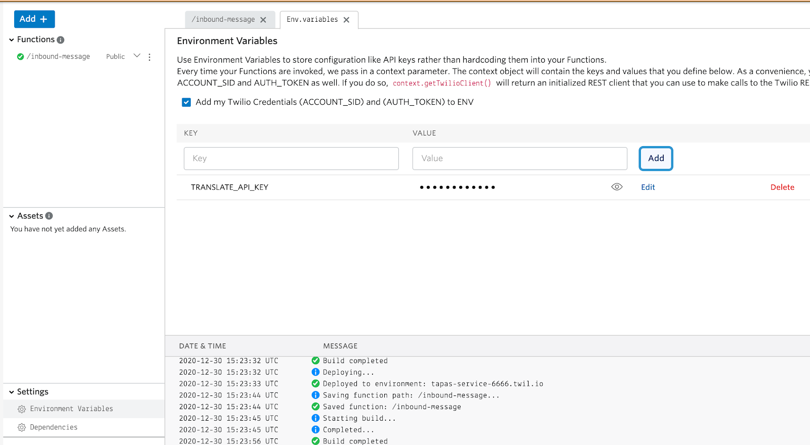 Translation service API Key and environment variables