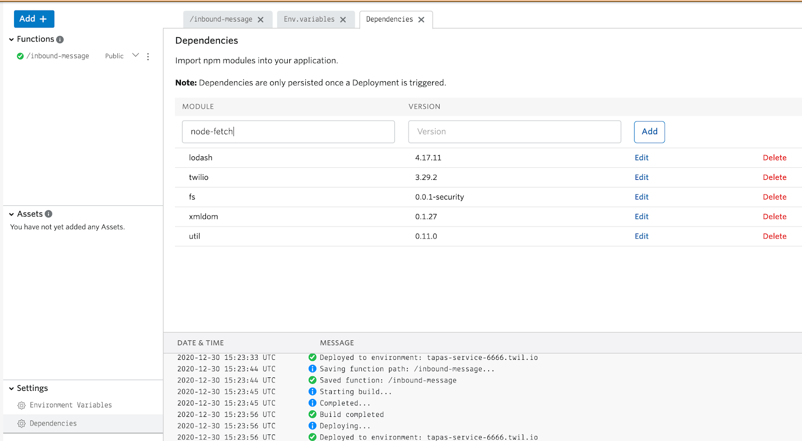 Adding node module dependencies