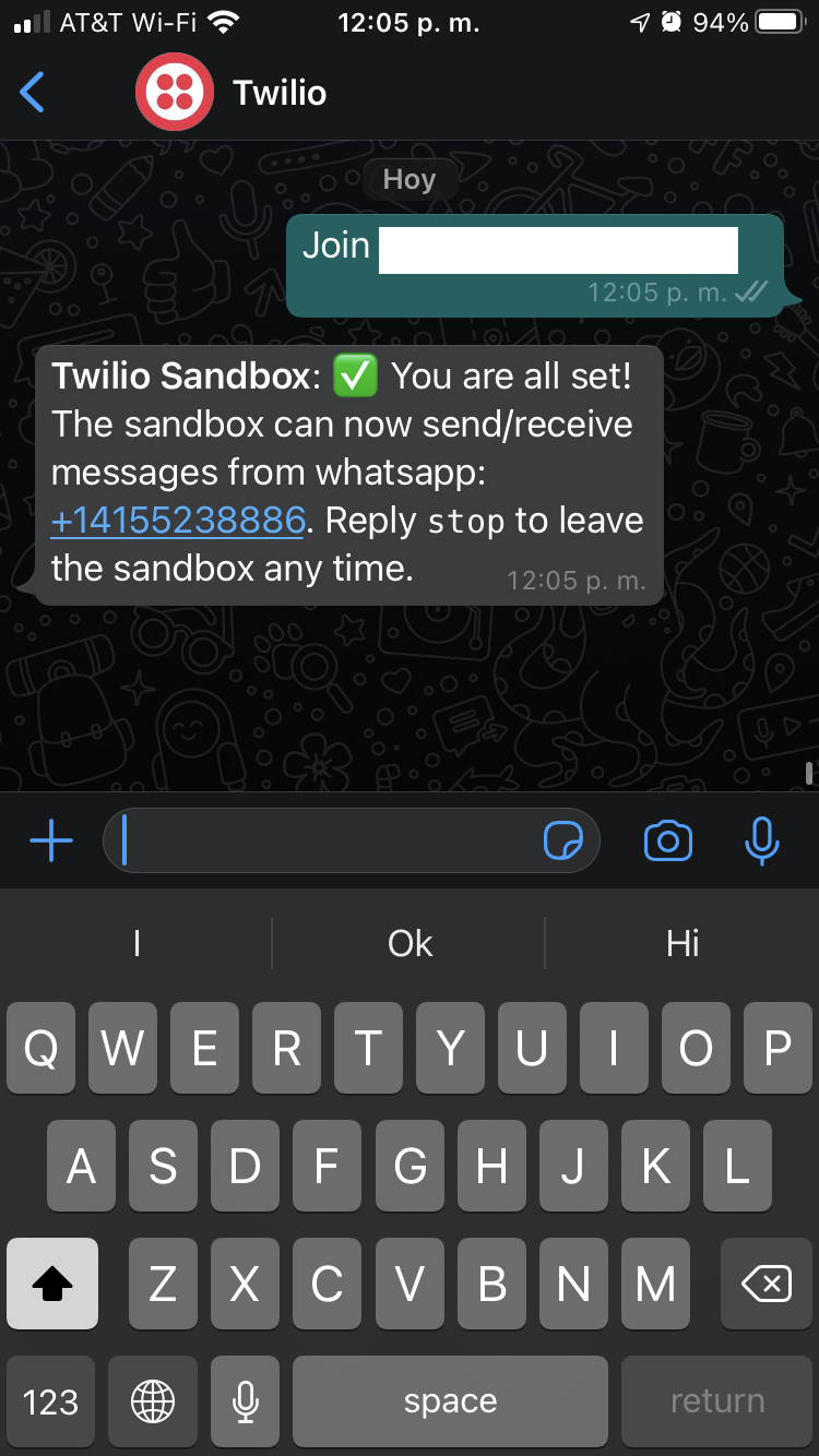 Imagen conexión a Sandbox de WhatsApp