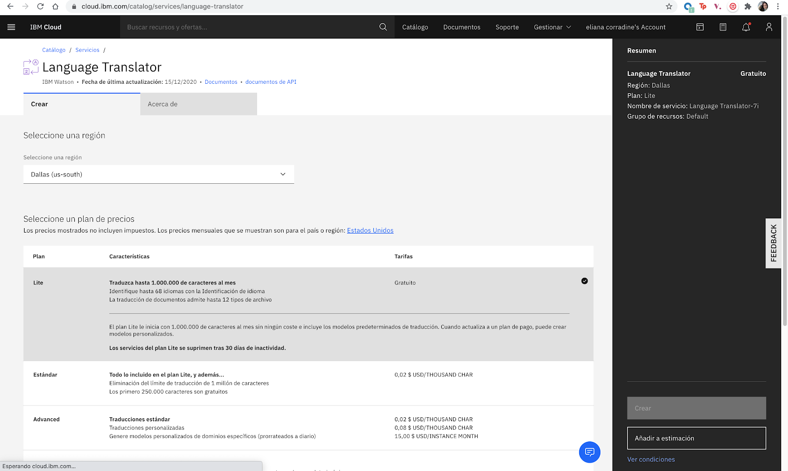 Imagen creación de servicio Language Translator en IBM Cloud