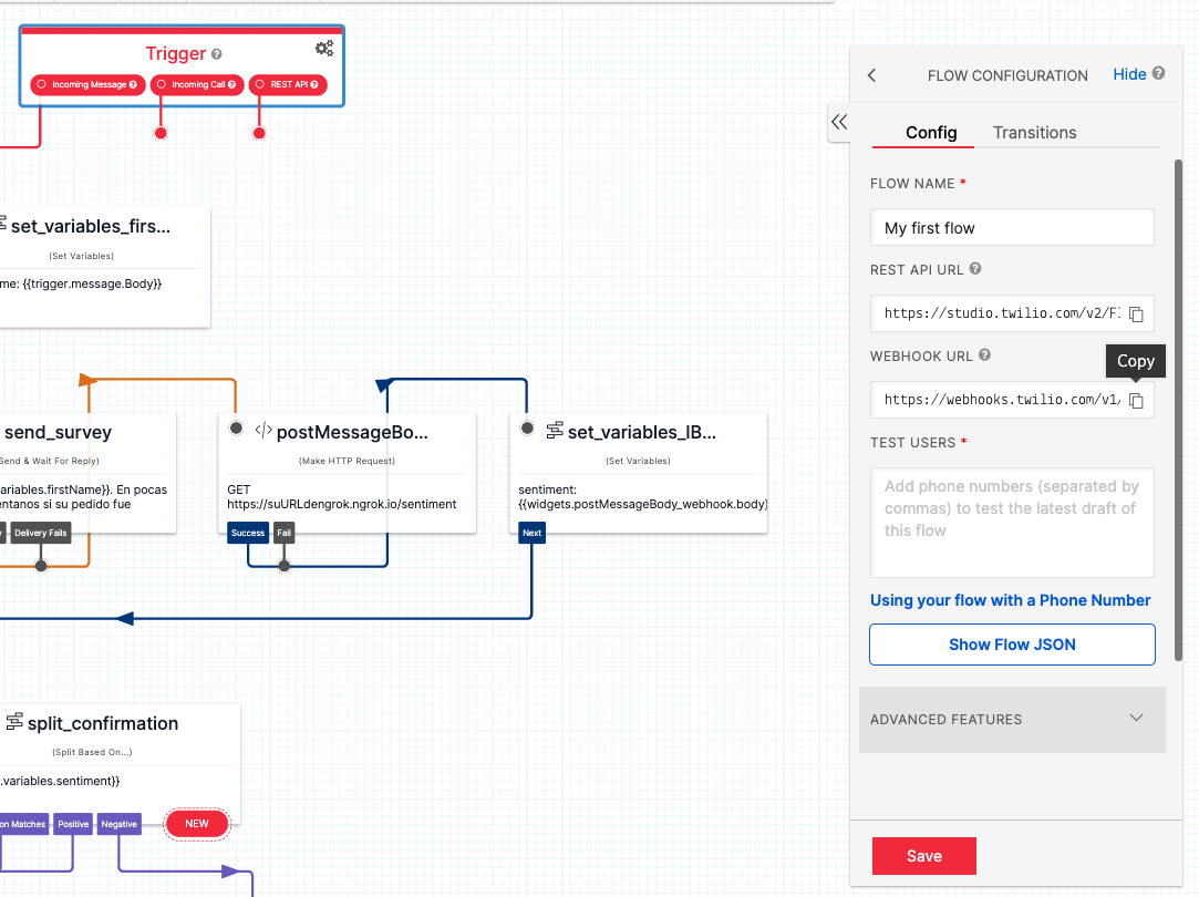 Imagen configuración flujo de Twilio Studio