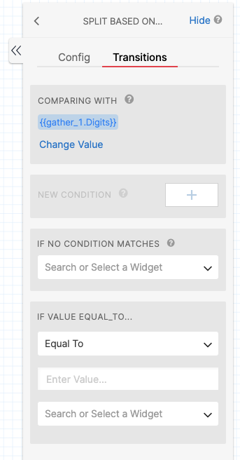 Detalhe do Twilio Studio com as configurações de transição para os próximos componentes de acordo com as condições criadas.