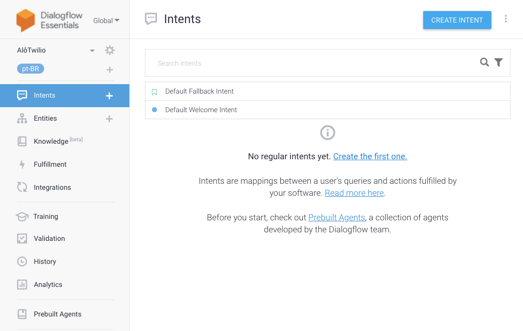 Tela do DialogFlow com o menu de Intents selecionado e botão 'Create Intent'