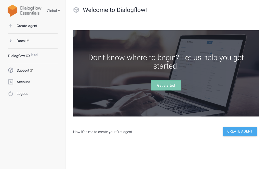 Tela do DialogFlow exibindo o botão 'Create Agent'
