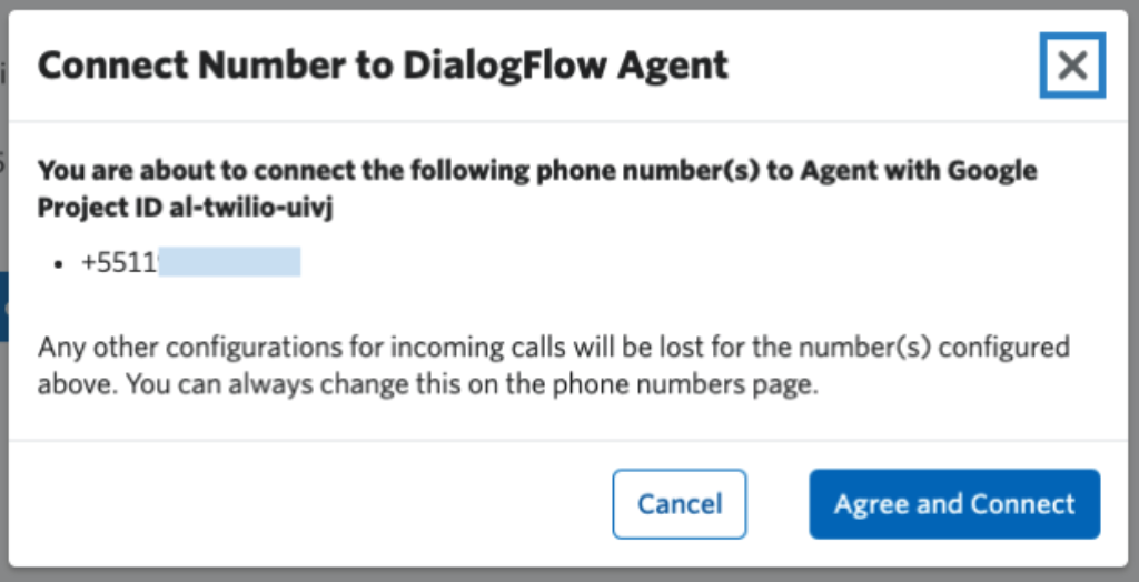 Tela do console da Twilio com a confirmação do tutorial de configuração do Agente do DialogFlow