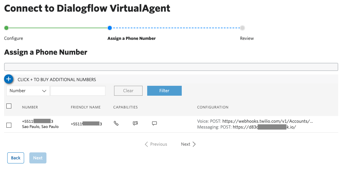 Tela do console da Twilio com o passo 2 do tutorial de configuração do Agente do DialogFlow exibindo a escolha do número Twilio