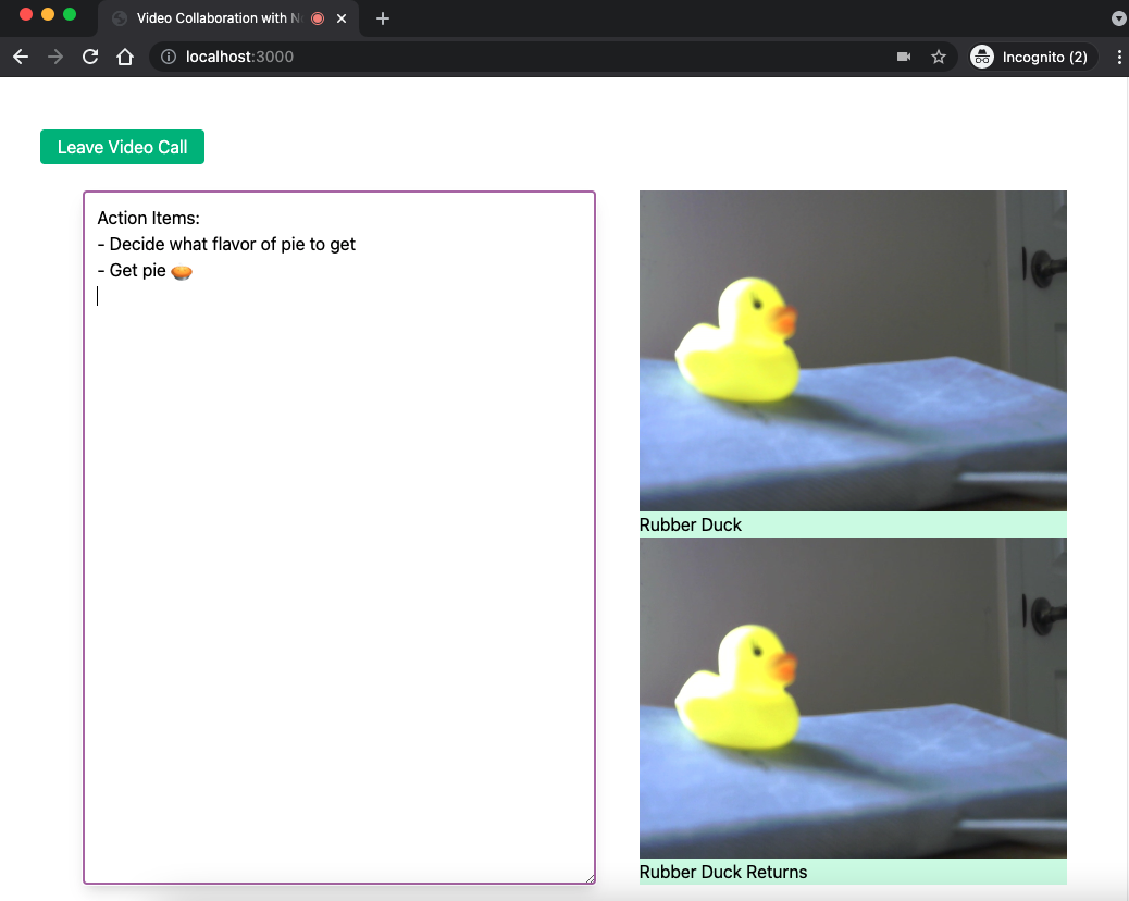 The application's notepad contains some text about pie. The right side contains two video feeds showing yellow rubber ducks.