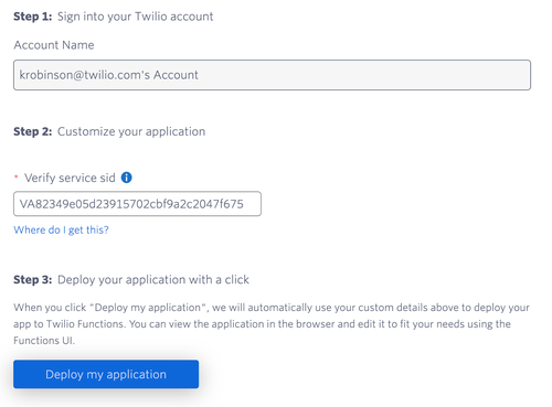 étapes de déploiement rapide twilio 1 à 3, comprenant le champ qui permet de saisir votre sid de service verify et le bouton de soumission déployer mon application