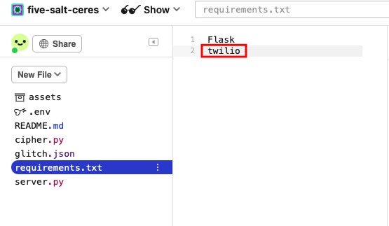 A screenshot showing where to add the twilio Python library to requirements.txt in Glitch
