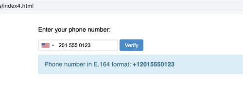 entrada de número de teléfono con resultados exitosos en formato E.164
