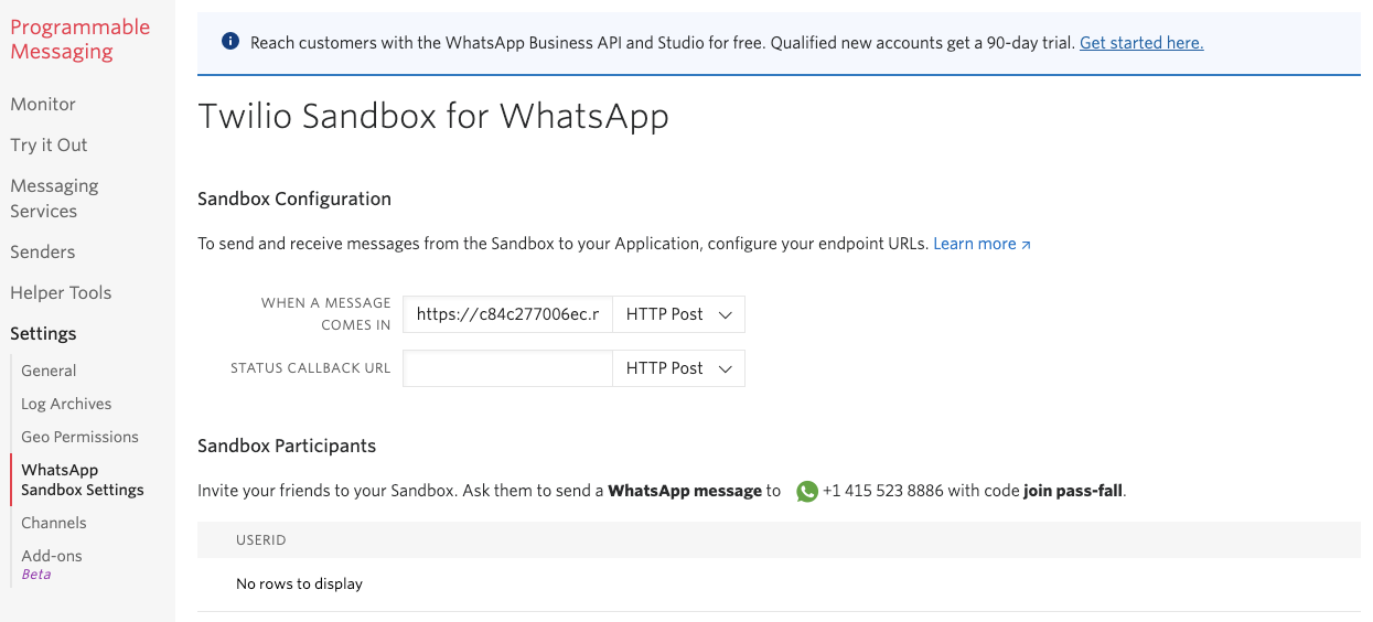Tela de configuração do link do webhook da Sandbox de WhatsApp