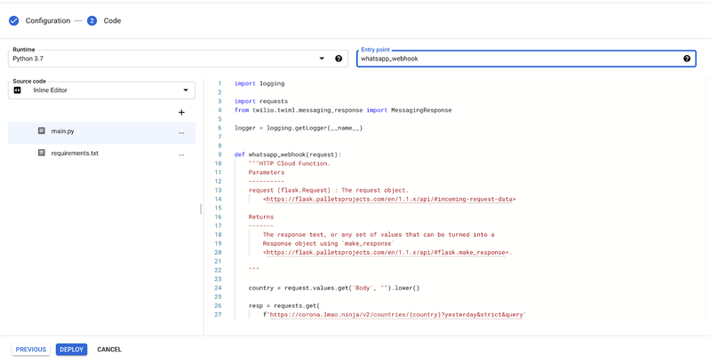 Implantação da função de nuvem do GCP