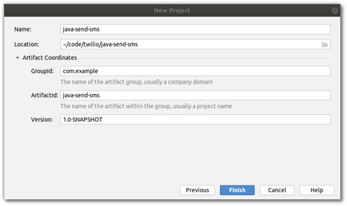 Captura de tela do assistente Novo Projeto Maven IDE. Uma configuração equivalente é descrita como um fragmento de código no texto.