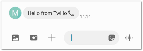 Captura de tela do app de SMS do meu telefone&#x27 mostrando uma mensagem que diz "Olá da Twilio"