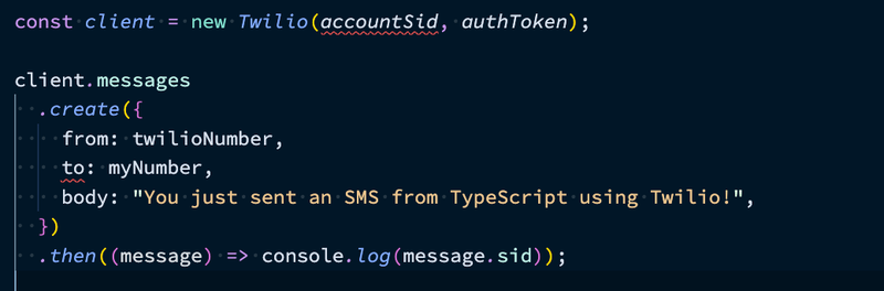 Uma captura de tela do código que escrevemos anteriormente para criar um cliente de API e enviar a mensagem. &#x27;accountsid&#x27; e &#x27;to&#x27; são sublinhados em vermelho.