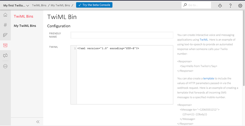Captura de tela da página de configuração da TwiML bin