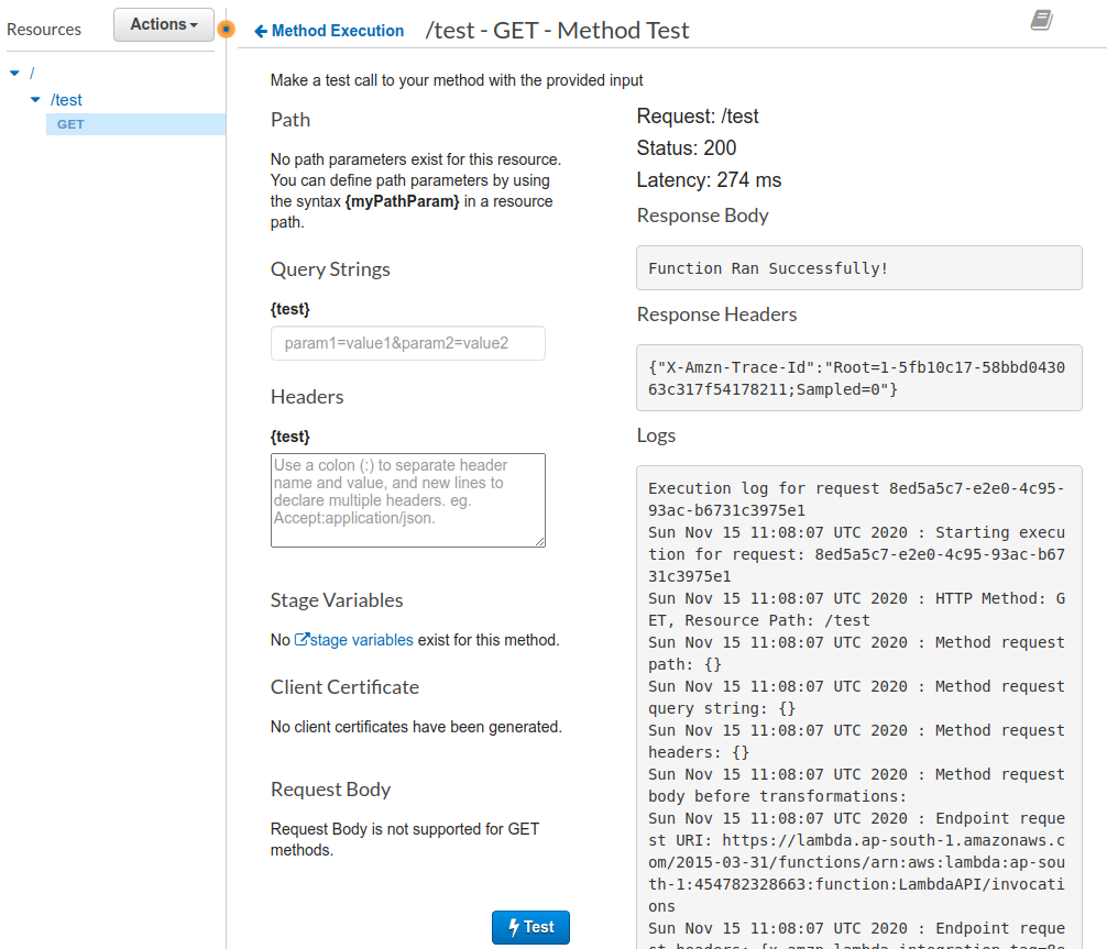 AWS API Gateway test route response